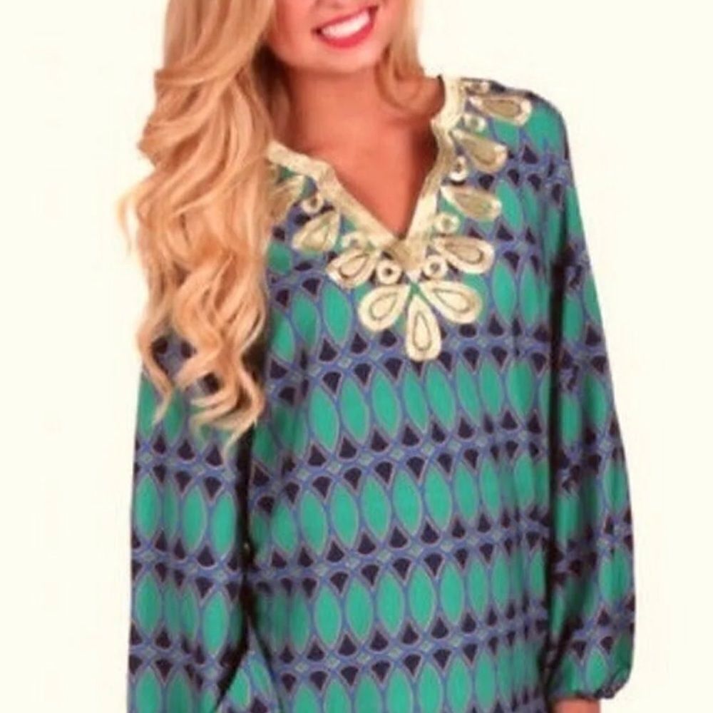 Mud Pie Corinne Green Blue Tunic Top S 4-6